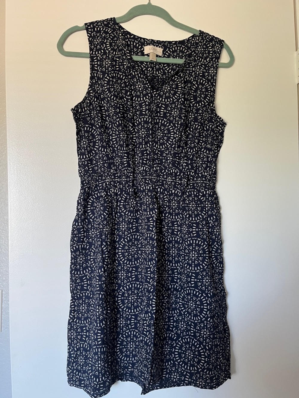 LOFT Navy Printed Sleeveless Midi Dress with White Motif